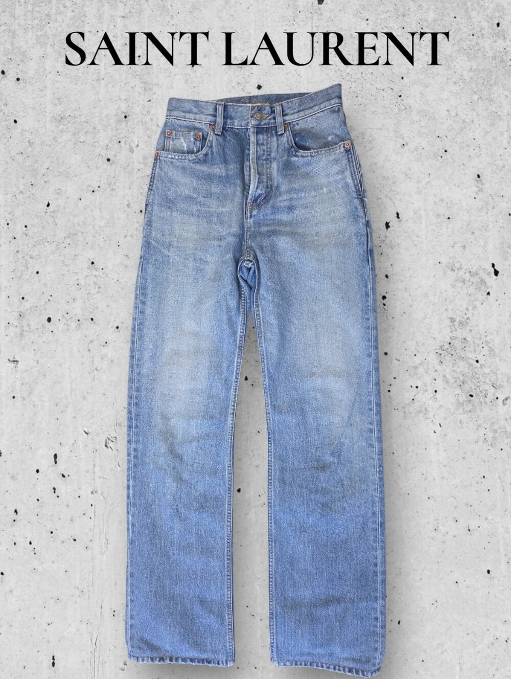 Saint Laurent Charlotte Blue Long Straight Leg Jeans 26 Luxury EUC Distressed